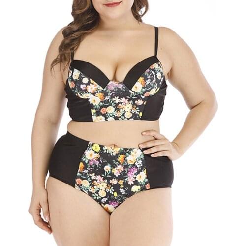 Plus Size Swimwear Womens Fashion Small Floral Sexy Split Large SizeWith Steel Bra Halter Padded Bikini set Swimsuit Trikini