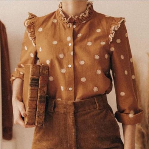 Ruelen Floral Embroidery Women Shirt 2021 Autumn Cotton Ruffled Stand-up Collar Full Lantern Sleeve Shirt