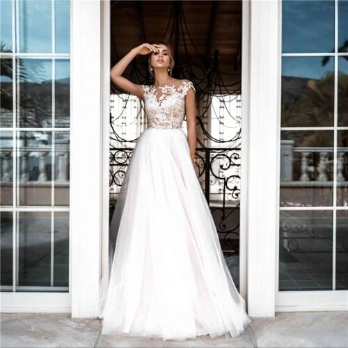A-line Empire Waist Blush Tulle Wedding Dress with Lace Applique Crystals Bridal Dress robe de mariee sirene