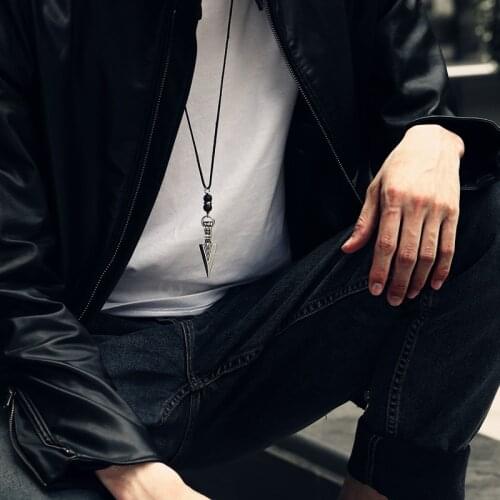 Unique 32" Mens Necklace Stainless Steel Arrow Pendant Necklace Lava Bead Long Leather Necklace Male Jewelry Gifts for Men DN11
