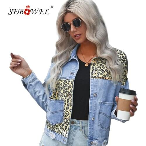 SEBOWEL Spring Autumn Womens Leopard Splicing Cropped Denim Jacket with Pocket Sky Blue Long Sleeve Holes Denim Coats S-XXL
