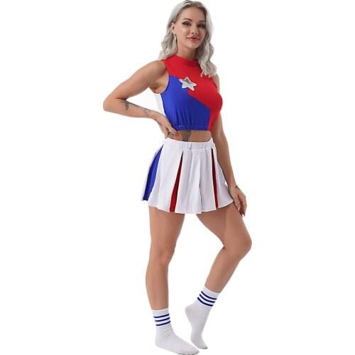 Women Cheerleading Uniform Pole Dance Korean Girls Jazz Outfit Street Dance Sequins Star Crop Top with Mini A-line Pleated Skirt