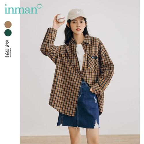 INMAN Womens Cotton Blouse Autumn Oversized Casual Style Vintage Classic Plaid Pointed Collar Design Long Sleeve Shirt