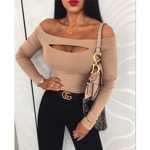 2020 New Women Sexy Off Shoulder Shirt Long Sleeve Stretch Jumper Blouse Tops Office Lady Hollow Solid Shirts Slash Neck Tops
