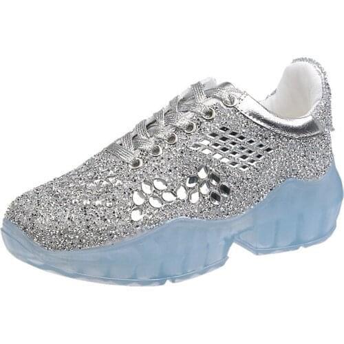 2021 New Spring Crystal Women Casual Shoes Silver Sneakers Woman Platform flat Shoes Breathable Rhinestone Shoe