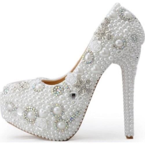 Women Pumps White Pearl crystal rhinestones high-heeled shoes wedding shoes show party rite shoes