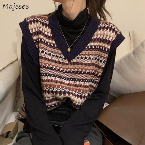 Sweater Vest Women Harajuku Knitting Loose Casual Vests V-Neck Sleeveless Retro Office Lady Daily Korean Female Outwear Clothes
