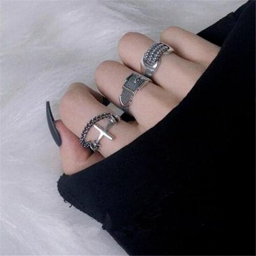Korean Retro Belt Cross Chain Opening Adjustable Rings for Women Fashion Trendy Personality Gothic Luxury Jewelry Wholesale Bulk