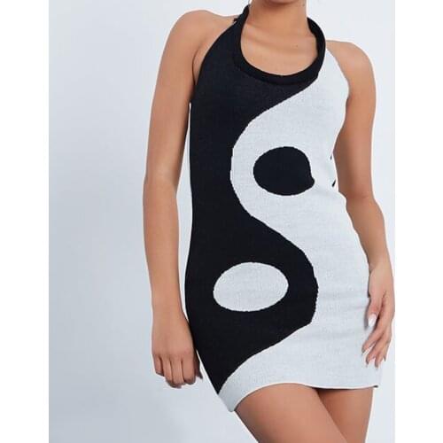 Women Halter Bodycon Mini Dress Sleeveless Backless Yin Yang Print Slim Fit Knit Dress