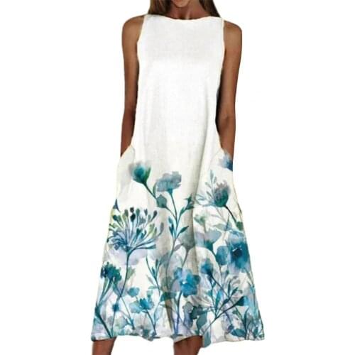 Spring/Summer Women Dress Floral Print Sleeveless Pockets Large Hem Loose Midi Dress for Work Swimwears Womens Clothing