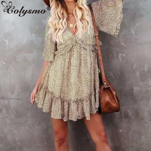 Colysmo Leopard Chiffon Dress Print Ruffle Sleeve V Neck Backless Cut out High Waist A Line Mini Dress Sexy Dress for Women 2021