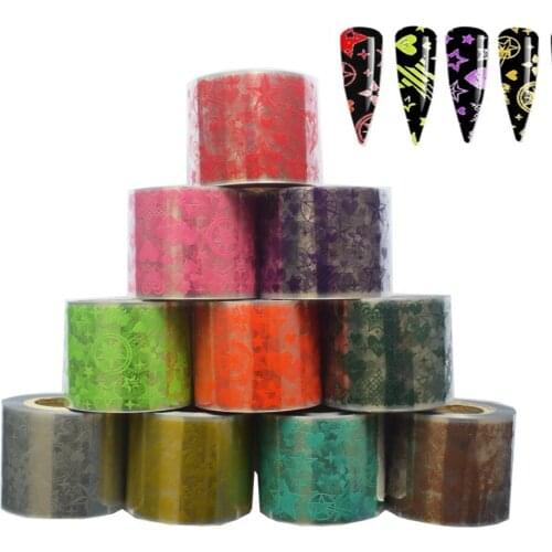 10 Rolls Neon Stars Mapleaf Nail Foil Gel Stickers Decals 50m*4cm Transparent Base Adhesive Colorful Nails Art Decor Wraps Foils