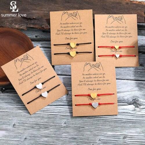 2pcs/set Stainless Steel Heart Charm Bracelet Adjustable Red String Braiding Couple Bracelets for Men Women Wish Jewelry Gifts