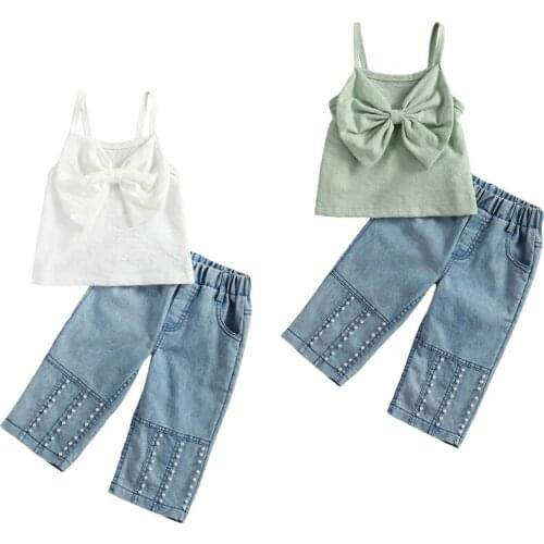 2021 1-6Y Infant Casual Baby Girl Clothes Bowknot Tank Top Solid Vest+ Beaded Pearls Denim Pants with Slant Pockets Summer 2pcs