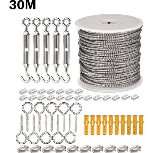 30/15M Wire Rope Cable Hooks Hanging Clothesline Stainless Steel Cable Tent Cord Kit Outdoor Garden Cable Guardrail Tighter Set