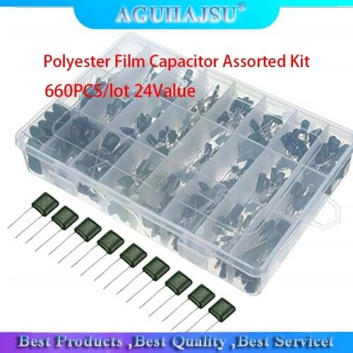 660PCS/lot 24Value Capacitor kit 100V 2A221J to 2A474J Polyester Film Capacitor Assorted Kit 0.47nF 0.68nF 1nF 2.2nF Capacitors