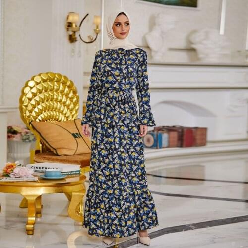 Aligaia Fashion Plus Size Printing Dress For Women 2021 Summer New Dubai Turkey Kaftan Muslim Dress Islam Clothing Dresses