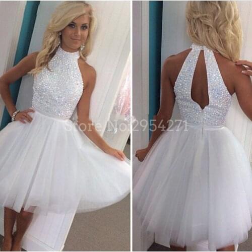 White Crystal Homecoming Dresses A Line Halter Open Back Cute 8th Grade Greduation Dresses Party Prom Gowns