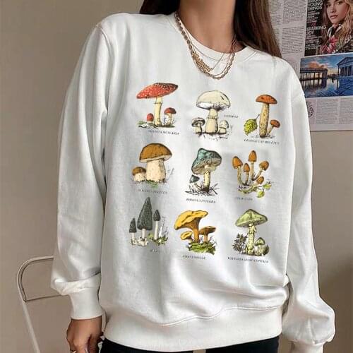 American Vintage Letters Mushroom Print White Cool Women Pullover Round Neck Cotton Loose Sprot Lover Sweatshirt