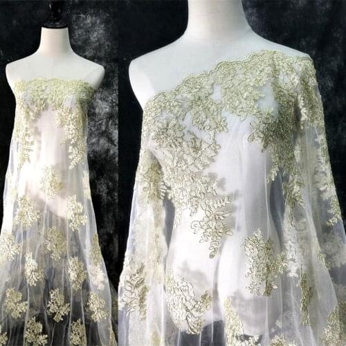 Champagne Golden Embroidery Fabric cording Lace Mesh Perspective Designer Fabric