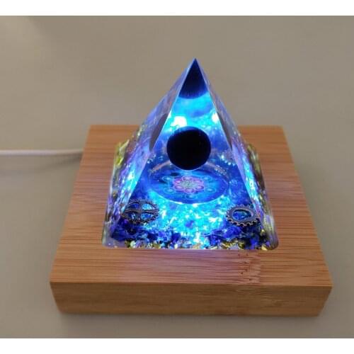 Large Orgone Pyramid w/ LED Light Wooden Base Blue Crystal Meditation Stone Decor