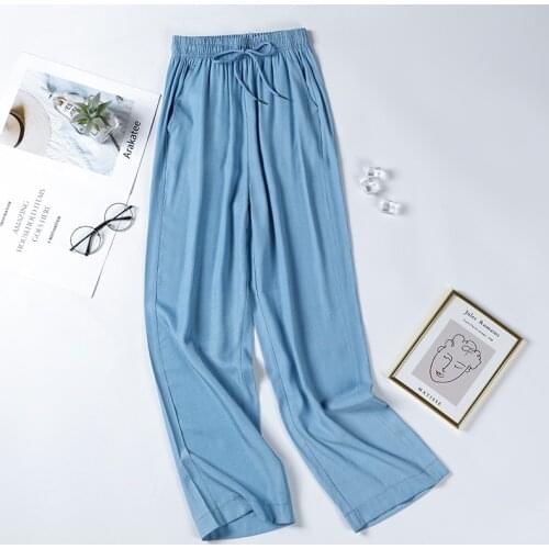 High waist Women Denim Wide leg pants Spring Summer elastic waist Loose Thin Straight pants Plus size Casual Female Trousers