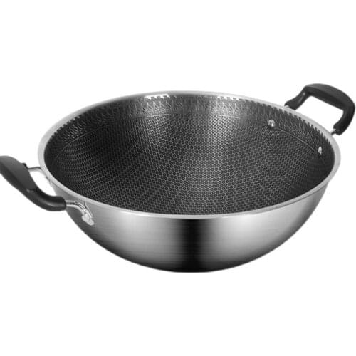 German Sonorous 316 stainless steel honeycomb non-stick household large two ear wok stir-fry round bottom wok with open flame