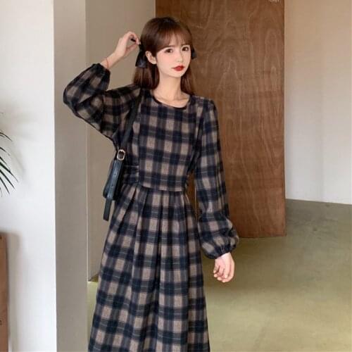 Elegant Mid-Length Dress for Women Autumn and Winter French Retro Plaid Waist Long Sleeve sweet lolita dress kawaii dress