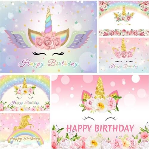 Custom Name Unicorn Rainbow Flower Banner Backgrounds Birthday Party Baby Shower Kid Photography Backdrop Photocall Photo Studio