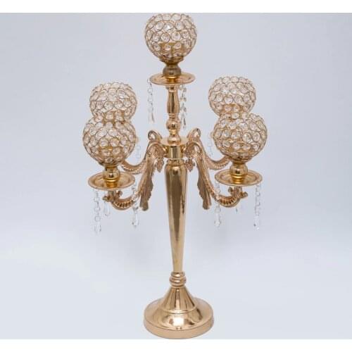 H62cm wedding Gold candelabra wedding centerpiece 5-balls crystal candle holder wedding supply 10 pcs/lot
