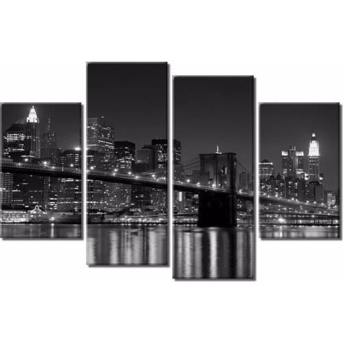 4 Panels Framed night of the viaduct Painting Canvas Wall Art Picture Home Decoration Living Room Canvas Print Modern Painting
