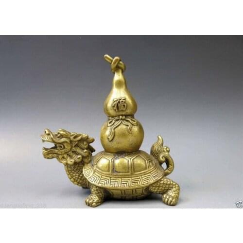 Chinese Brass Copper Animal Fengshui Bottle Gourd Calabash Dragon Turtle Statue