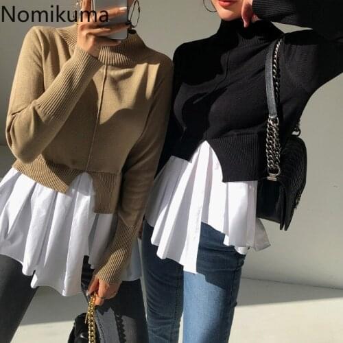 Nomikuma Korean Chic Turtleneck Sweater Women Patchwork Irregular Casual Pullover Jumpers Autumn New 2021 Elegant Pull Femme