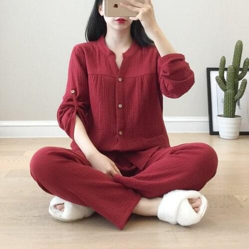 Spring/summer New Pajamas Set Women Pure Cotton Crepe V-neck Long Sleeve Trousers Ladies Sleepwear Simple Loose Comfy Home Wear