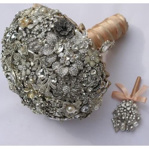 Ultimate luxury Bridal brooch bouquet crystal Pearl Jewelry Wedding Bouquet custom made Silver Retro Brides bouquets 8 inch