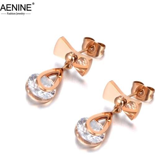 AENINE Trendy Rose Gold 316L Stainless Steel Bowknot Stud Earrings For Women Girls Bohemia CZ Crystal Wedding Earrings AE20081