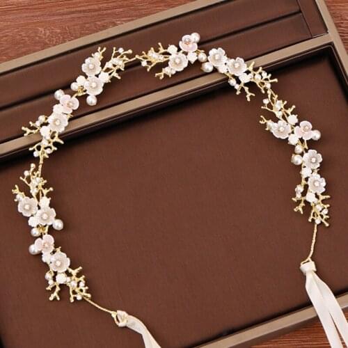 Bridal Hair Accessories Flower Headband Wedding Headpiece Pearl Headband Women Hair Jewelry Handmade Gold Wedding Bridal Tiara