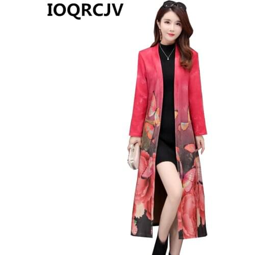 Women Suede Trench Coat 2019 Autumn Long Sleeve Casual Windbreaker Spring Female Loose Printed Flower Outwear Large Size 5XL 564
