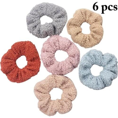 Fashion Women Winter 6pcs Plush Hair Scrunchies Simple Solid Color Headwear Set Ponytail Holders Hair Accessories Ties for Women