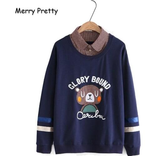 Merry Pretty Womens Cartoon Bear Embroidery Hoodies Sweatshirts 2020 Winter Long Sleeve Plaid Patchwork Cute Hooded Tracksuits