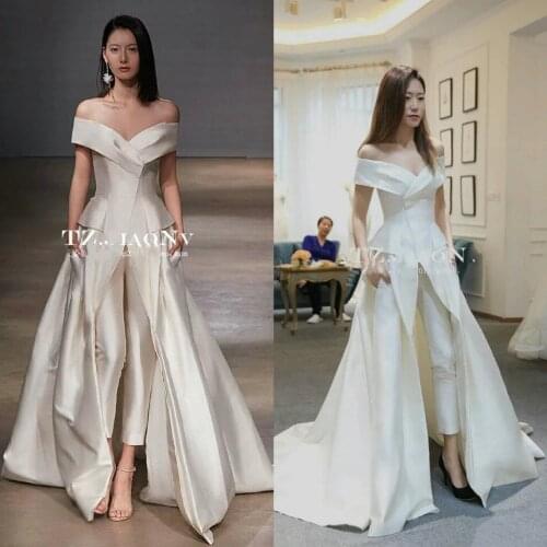 Women Jumpsuit With Long Train White Evening Dresses Off Shoulder Sweep Train Elegant Prom Dress Party Dress Vestidos Festa