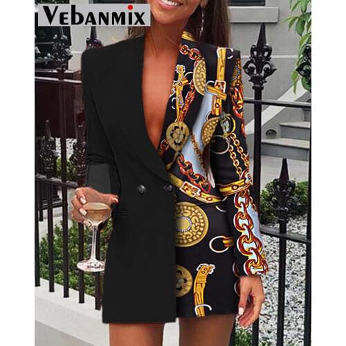 Women Colorblock Printed Long Sleeve Blazer Dress Double Breasted Notched Lapel Collar Chic Glitter Elegant Dress