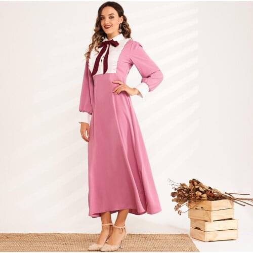 New Products Ladies Fashion Bow Western Style Sweet Color Matching Lapel Bow Long A-line Woman Pink Dress