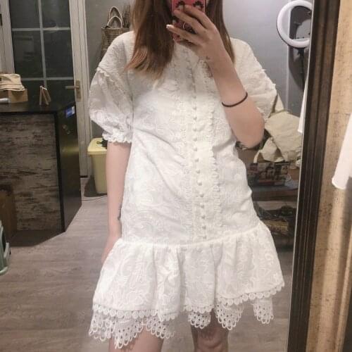 2021 New Spring And Summer Fashion Casual Stand Collar Puff Sleeve Slim Embroidered White Fishtail Dress Women