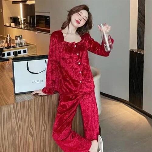 Sexy Square Collar Women Velour Pajamas Sets 2PCS Bride Pyjamas Suit Bud Sleeve Sleepwear Lingerie Nightwear Autumn Home Clothes