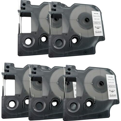 5 Pack Replacement 45010 For DYMO Permanent Self-Adhesive D1 Polyester Label Tape Makers 1/2-inch 12mm Black Print on Clear 23ft