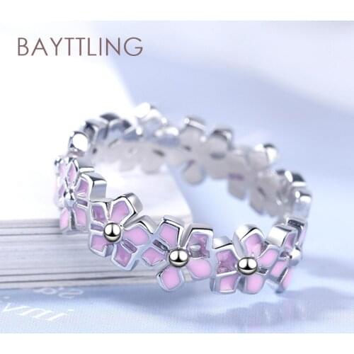 BAYTTLING 2021 New 925 Sterling Silver Fine Pink Flower/Leaf Open Ring For Woman Fashion Wedding Gift Jewelry