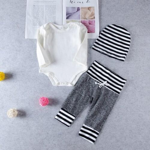 Newborn Kid Baby Boy Girl Long Sleeve Solid Color Romper+Gray Striped Pants Bebe Children Clothes Set