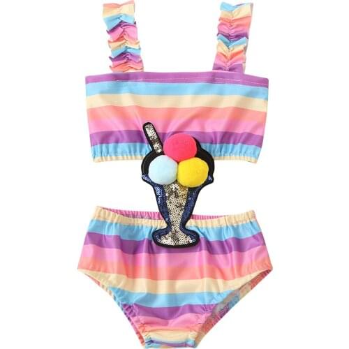Wallarenear 1-5Years Toddler Baby Girl Swimsuit Rainbow Striped Romper Sleeveless Vest Sling Beach Ruffle Cropped Clothes Summer