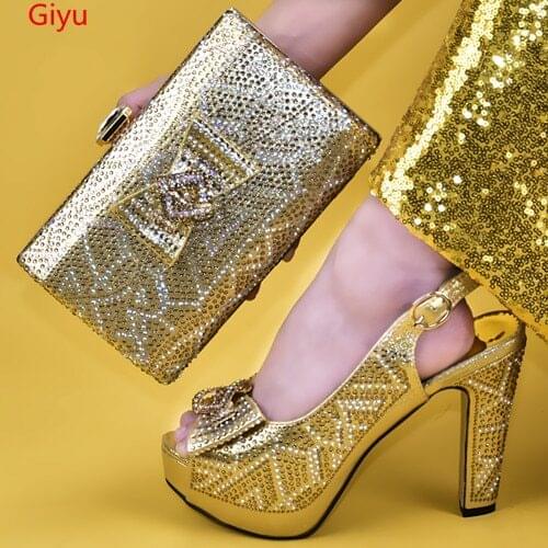 Doershow Shoes and Bag Set African Sets 2019 gold Color Italian Shoe Bag Set Decorated with Rhinestone High Quality! SYY1-17